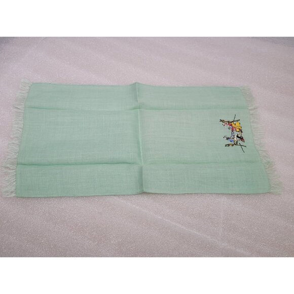 Vintage Linen Tea Towel Fingertip Fringed Embroidered Man Woman Mint Green - Picture 3 of 7